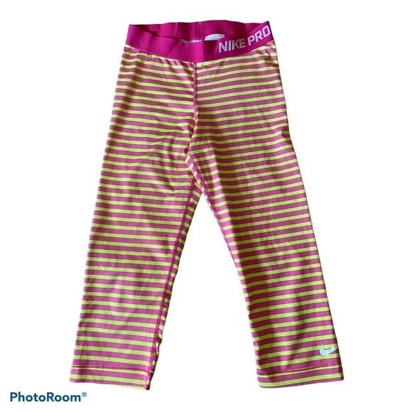 Nike Pro Dri-fit cropped Pink Yellow Striped compression leggings size Small S - Picture 1 of 6